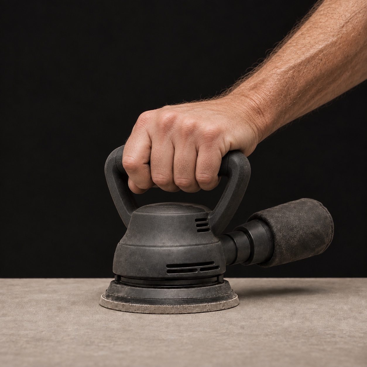 A human hand firmly gripping the top handle of an orbital sander, its circular pad flat against a work surface