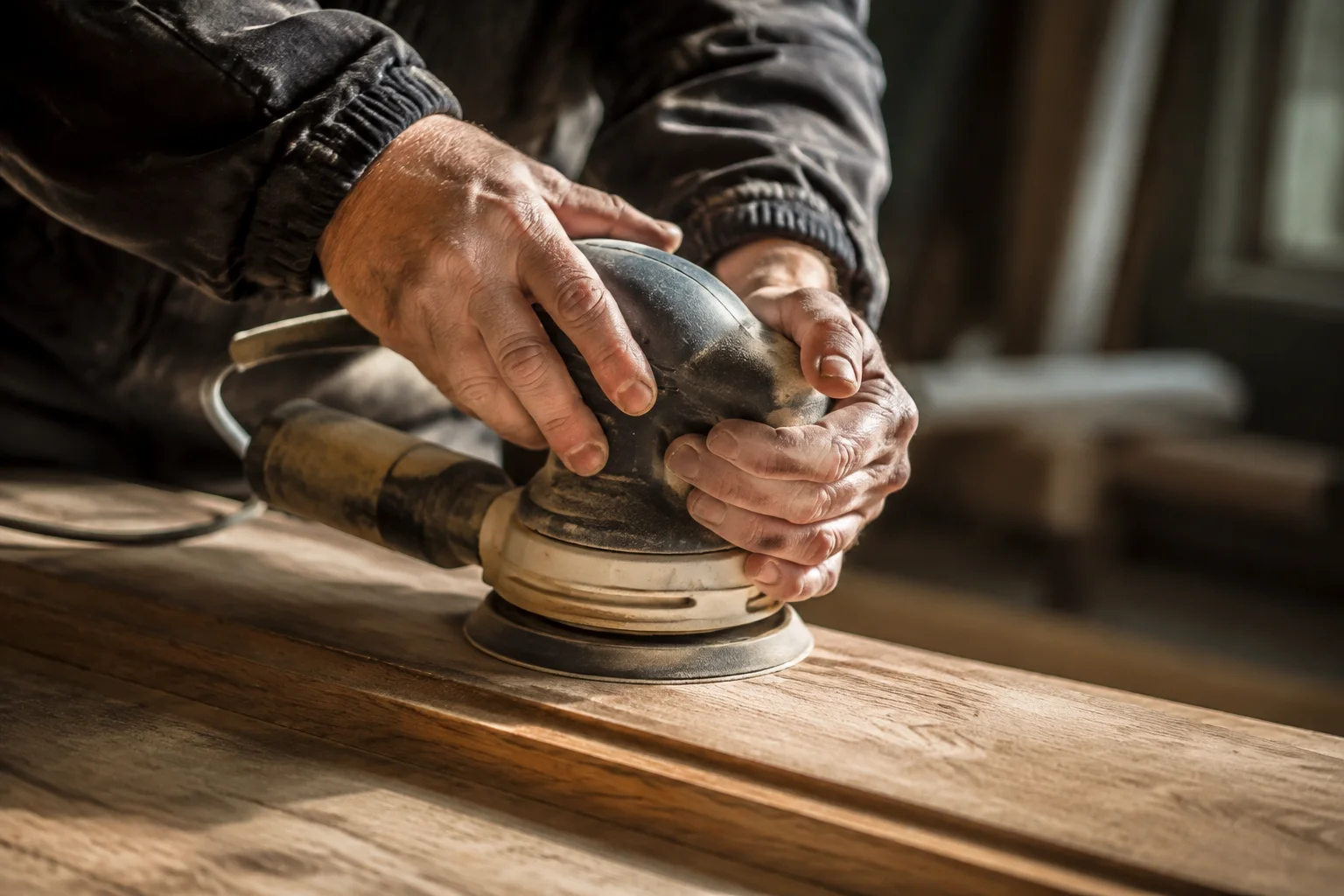 Illustrative workshop scene: hands guiding an orbital sander across a timber surface